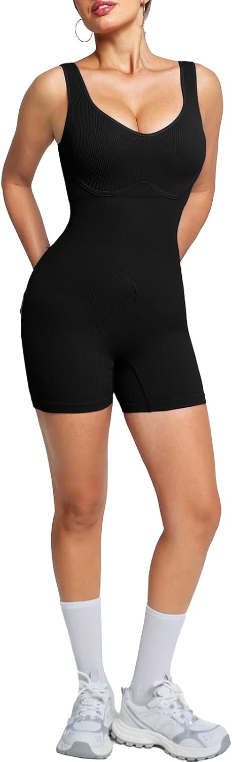 BRXL One Piece Workout Jumpsuit for Women Built in Bra Athletic Rompers U Neck Seamless Compression Short Bodysuit Gym