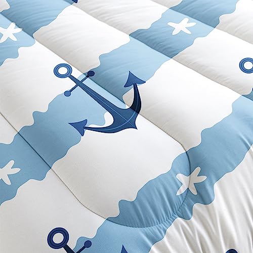 Datura home Anchor Comforter Sets for Boys Girls Kids,Blue White Stripes Starfish Anchor,Duvet 3Pcs in Quilt Sets with 1 Comforter and 2 Pillowcases All Season(Blue White Twin) - Image 5