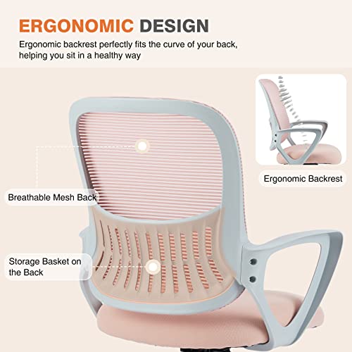 Image of Sweetcrispy Ergonomic Mid-Back Mesh Home Office Desk Chair with Wheels, Managerial Executive Chair with Lumbar Support, and Comfortable Armrests for Home, Bedroom, Study, Office, Pink