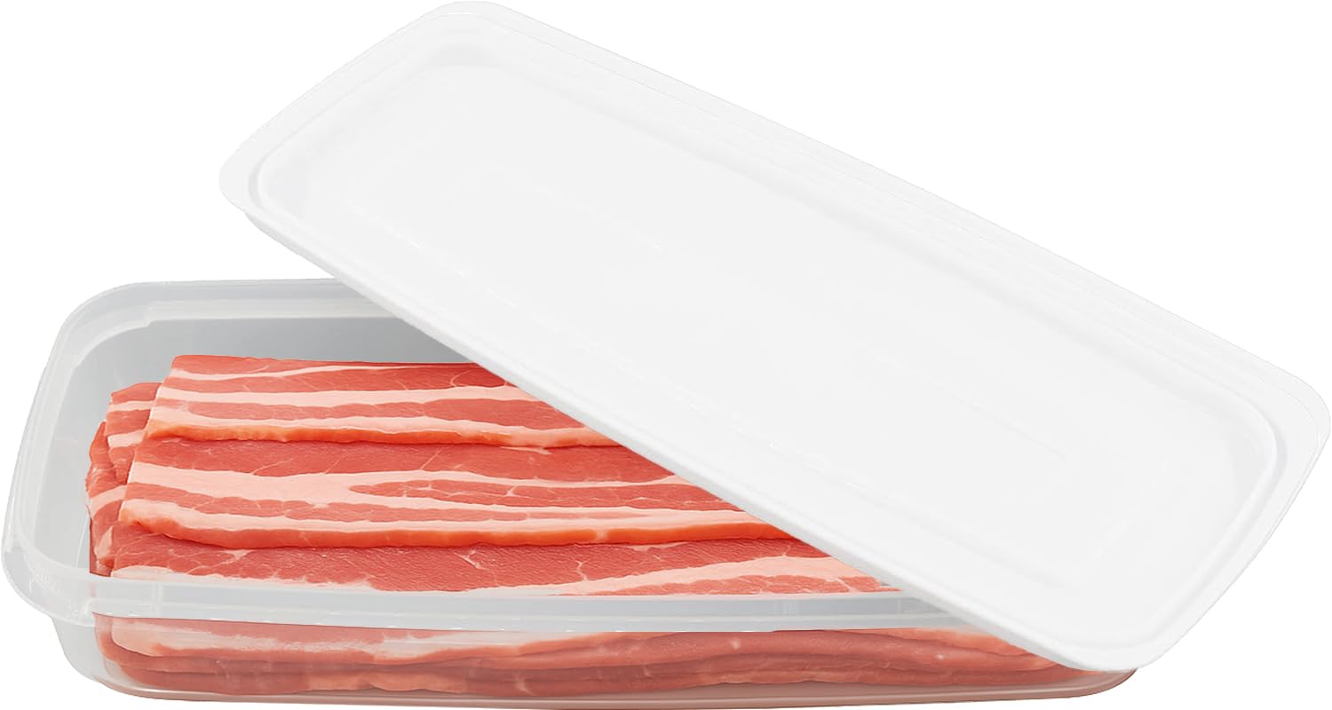 ANGIX 1L Clear Rectangular Bacon Storage Box - Freezer Containers and Food Storage Boxes with Lids,Premium Food Container Bacon Box for Fridge, Stores Food Such As Sliced Meat, Cheese & Pate - White