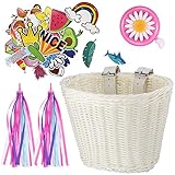 Boao Kid's Bicycle Basket Streamers Set, Unicorn Children's Bike Handlebar Wicker Basket Bike Streamers Bell and Stickers,Bike Basket Front Decoration for Girls (White)