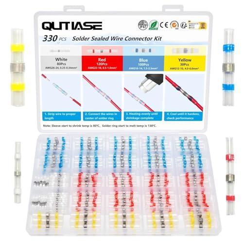QUTIASE 330 Pièces Joint de Soudure Connecteur Electrique de Fil Isolés avec Gaine Thermorétractable Étanche, 4 Tailles 26-10 AWG, Cosse Thermoretractable...