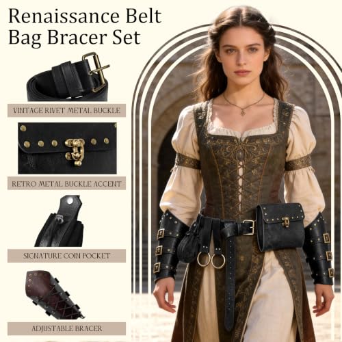 Image of Renaissance Belt Pouch Medieval Viking Leather Bracers Set for LARP
