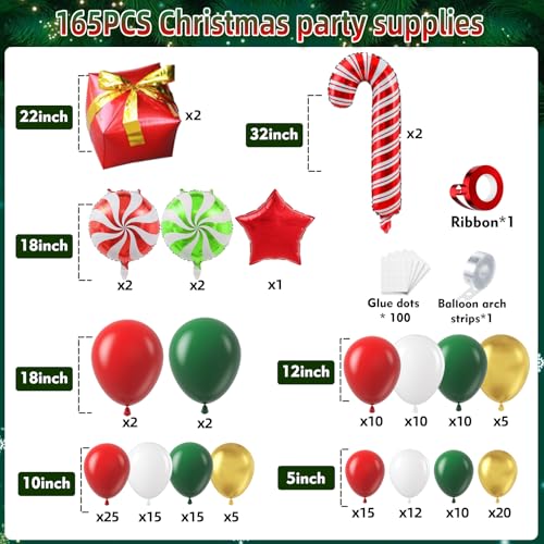 Image of 165Pcs Christmas Balloon Arch Garland Kit with Xmas Red White Green Gold Latex Balloons Gift Box Candy Cane Star Foil Balloons Arch Kit for Christmas New Year Party Birthday Party Decorations