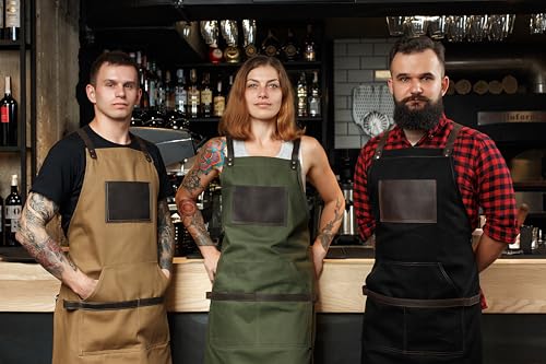 Black Apron in Canvas and Leather for Chef Work Bartender Barista Barber Shop Grill Master olpr. Made in USA