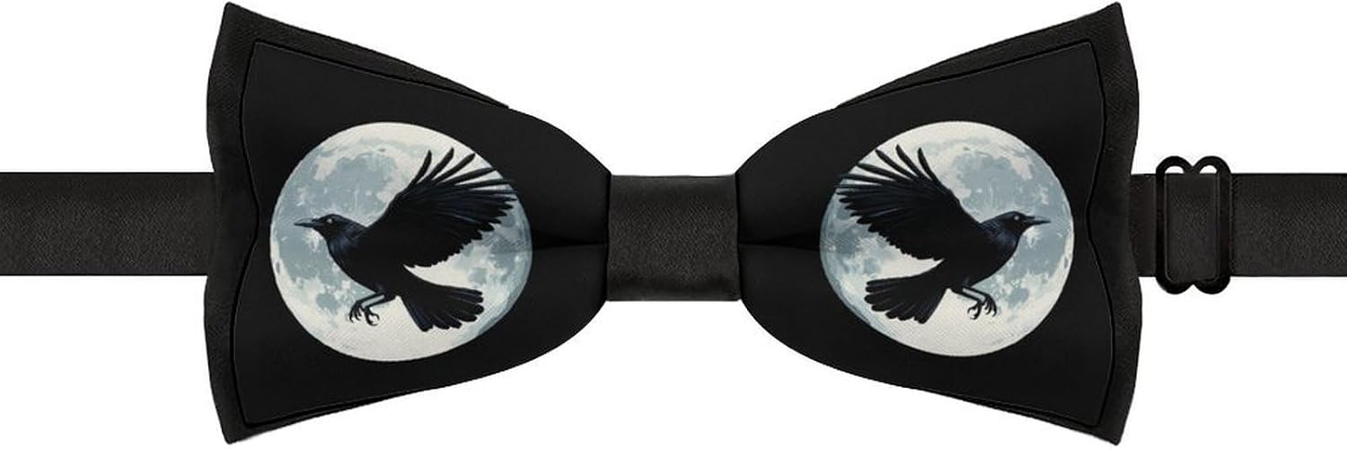 Full Moon Raven Crow Bow Ties for Men Fun Printed Pre Tied Adjustable Bowtie for Party Wedding