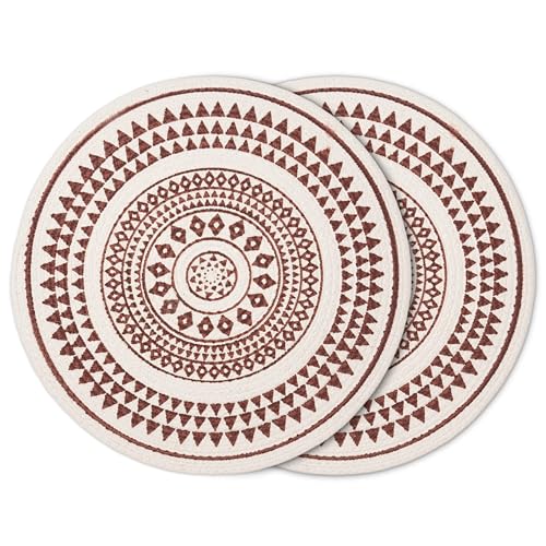 Image of Dining Table Mats Set of 2 | Cotton Table Mat 32 cm Diameter, Ecasa XO Washable Round Table Mats, Heat Resistance Dining Table Placemats, Handmade Ribbed Style for Centre Table, Maroon Mandala-3 Print