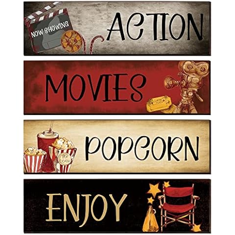Yalikop Movie Theater Decor 4 Pieces Wooden Home Theater Decor Vintage Movie Theatre Decor for Home Popcorn Film Classic Decor Rustic Movie Room Wall Decor Media Room Wall Art, 11.02 x 3.15 Inches Cover