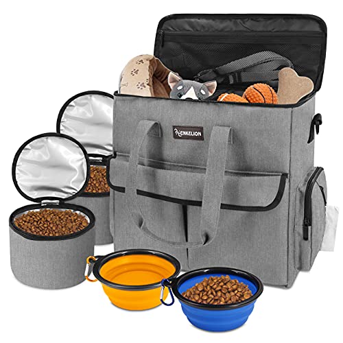 Henkelion Dog Travel Bag for Supplies with 2 Collapsible Water Bowls and 2 Food Containers, Weekend Dog Travel Kit with Pet Travel Accessories Organizer, Airline Approved Pet Travel Set - Grey