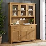 The Furniture Market Cotswold Rustic Smoked Oak Glazed Dresser with Adjustable Shelves, 3 Drawers, 3 Cupboards, Oak Hooks, Dining Room, Kitchen Storage - H 1900mm x W 1370mm x D 420mm