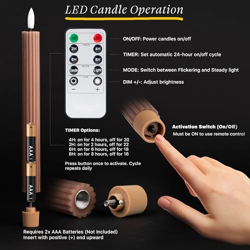 Image of 10 inch Fluted Ribbed LED Brown Tan Grooved Pillar Candles with 2 Remotes & 24h Timer Memory, On /Off Switch - Flameless Dimmable Battery Operated w /Flicker Mode, Home Wedding Decor (12 Pack)