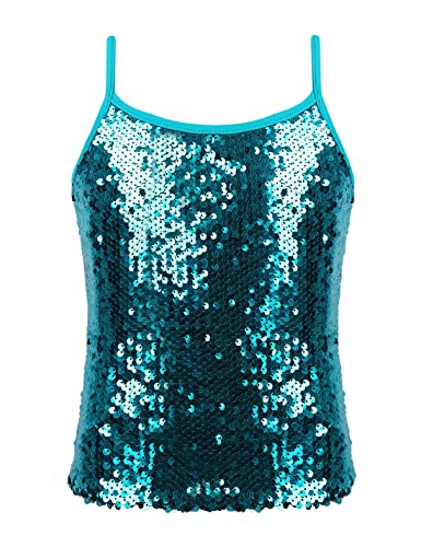 MSemis Enfant Fille Haut de Danse Gilet Paillettes Brillant Crop Top Danse Débardeur Sport Gymnastique Top Sport Yoga Ballet Performance Dancewear 2-16 Ans Lac Bleu 13-14 Ans Cover