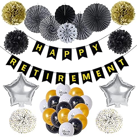 Happy Retirement Party Supplies: with Black Gold Banner Paper Fans Pom Poms Silver Star Shape Foil Balloons Home Decoration for Women & Men (Set) Cover