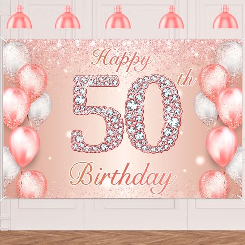 Image of Happy 50th Birthday Rose Gold Banner Cheers to 50 Years Old Backdrop Confetti Balloons Theme Decor for Women 50 Years Old Pink Birthday Party Decorations Bday Supplies Background Favors Gift Glitter