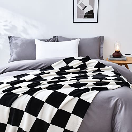 Vessia Flannel Fleece Throw Blanket With Checkerboard Pattern - Black And White 300 Gsm Checkered Blanket For Adults And Kids - Super Soft Cozy Microfiber Checker Blanket For Chair, Sofa, Couch, Bed #TOP1