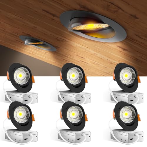 Amico 6 Pack 4 Inch 5CCT Gimbal LED Recessed Lighting 360&90Adjustable Eyeball Directional Downlight Dimmable 2700K/3000K/3500K/4000K/5000K Selectable 9W 700LM CRI90+ Black ETL&FCC