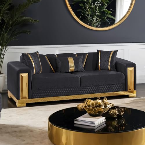 Image of Furniture of America Samison II Glam Solid Wood Upholstered Couch with Accent Pillows, Damask Pattern and Gold Base, Comfortable Sofa for Living Room, Bedroom, Office, Black