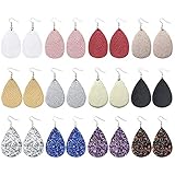 Sntieecr 12 Pairs Faux Leather Earrings Lightweight Teardrop Dangle Earrings with 8 Pieces Bright Colors Petal Drop Earrings, 4 Pieces Glitter Leather Earrings for Women