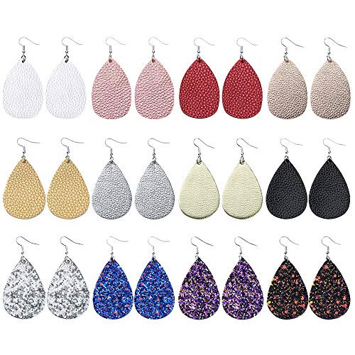 Sntieecr 12 Pairs Faux Leather Earrings Lightweight Teardrop Dangle Earrings with 8 Pieces Bright Colors Petal Drop Earrings, 4 Pieces Glitter Leather Earrings for Women