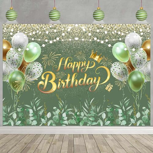 Image of Greenery Sage Green Happy Birthday Banner Backdrop Decorations Eucalyptus Leaves Women Birthday Banner Green Glitter Ballon Background Party Decoration Cake Table Banner Supplies 72x44 inch