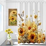 Bathroom Shower Curtain Sunflowers Butterfly Shower Curtains Set with 12 Hooks,Waterproof Yellow Floral Fabric Decorative Curtain for Farmhouse Autumn Rustic Botanical Home Hotel Decor 72 X 72 Inches