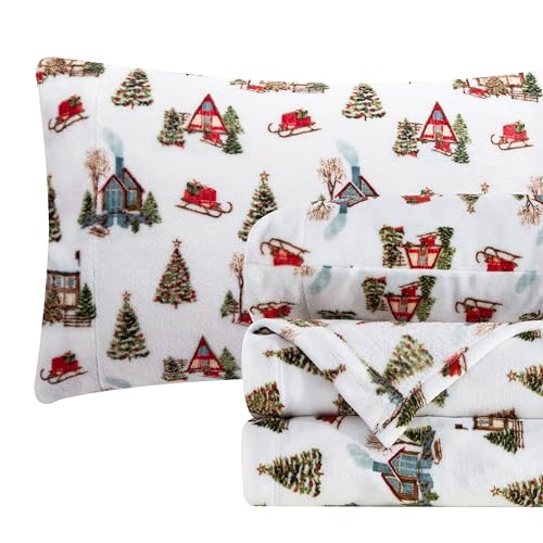 Elegant Comfort Luxuriously Soft 4-Piece Holiday Velvet Plush Flannel Sheet Set - Premium Quality - Cozy Warm, Christmas Fuzzy Velvet Flannel Fleece Deep Pocket Sheet Set - Cal King, Bungalow