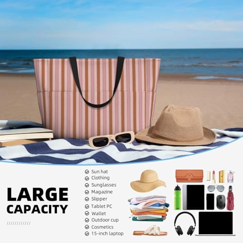 Large Beach Bags for Women Sandproof - Pink Orange Stripe Print A Summer Travel Work Tote Bags with Zipper4