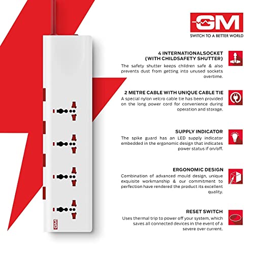 Image of GM 3061 E-Book 4+4 Power Strip with Spike Guard & Surge Protector, 4 Individual Power Switch 6 AMP Output, Safety Shutter, 4 International Sockets Board, 2 Meter Cord Length, 1 Year Warranty Pack of 2