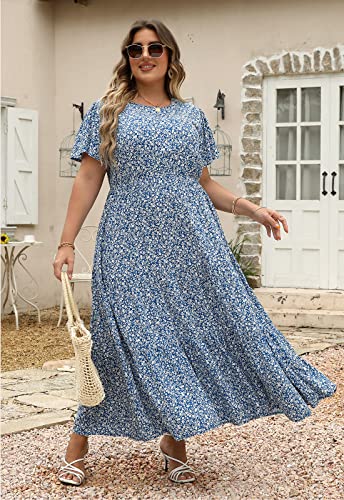 Nemidor Womens Plus Size Boho Ditsy Floral Print Casual Layered Flared Maxi Dress With Pocket Nem304(22,Blue White) #TOP2