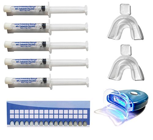 Teeth Whitening Kit with 44% Carbamide Peroxide 5 Syringes (3cc) of Teeth Whitening Gel - (1) LED Accelerator Light - (2) Trays - (1) Shade Guide - (1) Instructions Sheet