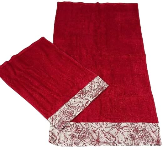 Serviette en coton d'Italie rouge aux motifs cloches et pommes de pin