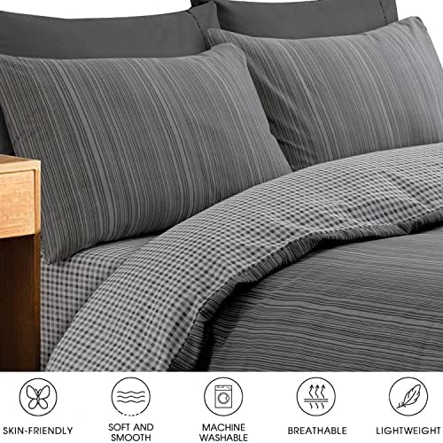 Best Linen 4 Piece Duvet Cover Set Polyester Cotton Quilt Cover Pillow Case & Fitted Sheet Complete Bedding Set Easy Care Machine Wash Anti Allergic (Floral Grey, Double) (DuvetCover001)
