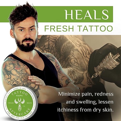 BodyJ4You Tattoo Aftercare Balm - New Tattoo Recovery Cream Moisturizer - Non Greasy Vegan Butter Enhancing Color - Safe Lotion Old Tattooed Skin Sun Protection Natural Skin Care - 2 Oz