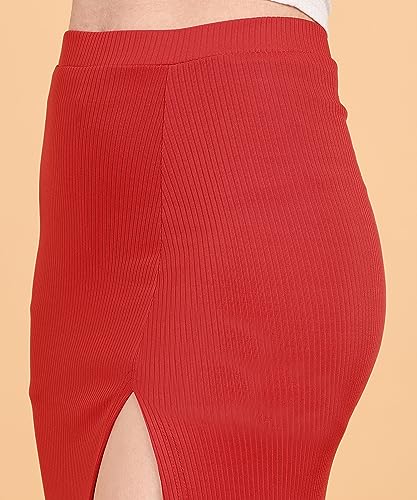 Image of POPWINGS Casual Solid Self Design Rib Long Slit Skirt for Women - Stylish Summer Skirt