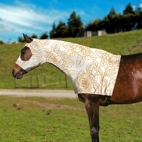 Image of Horse Slicker Hood with Zipper: Snug Fit, No-Ears Design, and Extra Large Eye Holes for Face, Shoulders, Mane, Chest, and Withers - Perfect for Show-M(Flower)