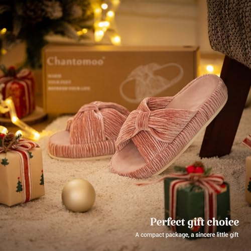 Image of Chantomoo Slippers for Women Memory Foam House Bedroom Corduroy Bow Crossbands Slipper Shoes Comfy Trendy Gift Slippers