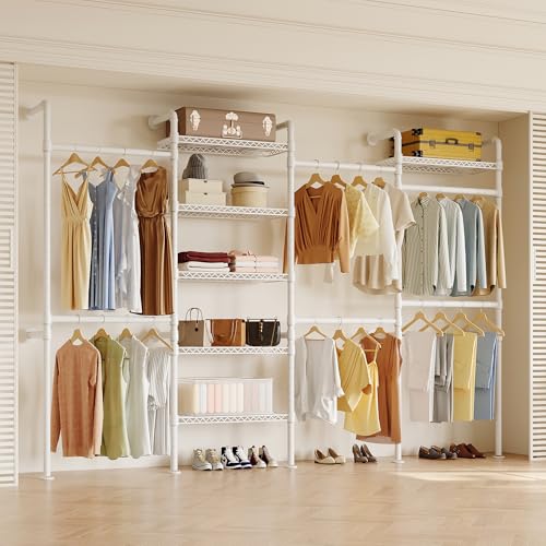 Higeego W4 Wall Mounted Closet System, Expandable Clothes Rack Heavy Duty Clothing Rack for Hanging Clothes, Industrial Pipe Closet Organizers for Reach in Closet, White