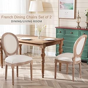 Nrizc french dining chairs set of 2 french country dining chairs vintage farmhouse dining chairs with round back solid wood beige fabric dining room chairs for kitchen bedroom dining room  urban country home decor