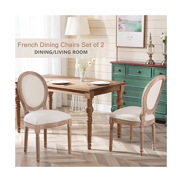 Nrizc french dining chairs set of 2 french country dining chairs vintage farmhouse dining chairs with round back solid wood beige fabric dining room chairs for kitchen bedroom dining room  urban country home decor
