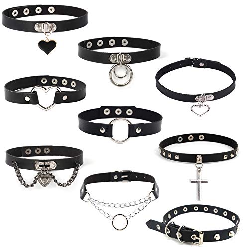 Jewdreamer 9 Pcs PU Leather Punk Choker Necklace Gothic Collar Choker Leather Rivets Spiked Choker for Women Adjustable