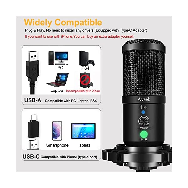 Aveek Professioneller USB Kondensator Mikrofon Kit 192kHZ / 24bit PC Podcast Mikrofon mit Mikrofonständer Mikrofonarm… – Bild 6