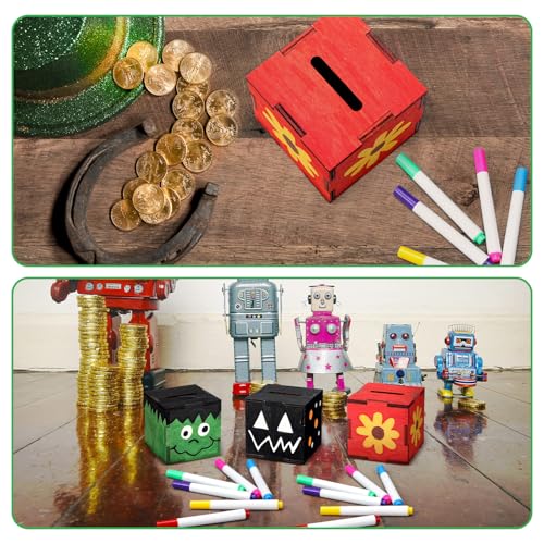 Image of Briwooody 12 Set Wooden Piggy Bank Unfinished Savings Bank for Boys Girls | DIY Craft Set with Coloring Pens, Tip Jar Cash and Change Container, Ideal for Family Interactive Play, Classroom Creation