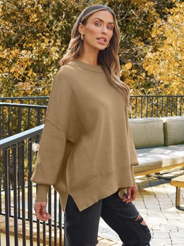 Image of LILLUSORY Women's Oversized Batwing Sweaters 2026 Fall Outfits Trendy Crewneck Knit Side Slit Fashion Pullover Tops