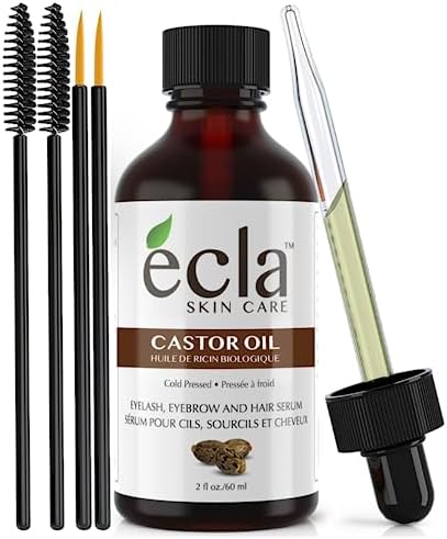 Ecla Castor Oil for Eyelashes and Eyebrows – 60mL 100% Pure Cold Pressed Castor Oil, Hair Oil – Eyelash Eyebrow, Pure Castor Oil for Hair Beard+ Eyeliner Brush, Spoolie
