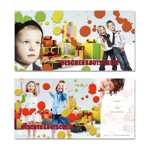 GESCHENKGUTSCHEINcom by POS-HAUER. 100 Gutscheine, blanko zum selbst Ausfüllen. Für Kindermode Bekleidung Modegeschäft. Vorderseite glänzend.