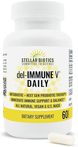 Del-Immune V Daily by Stellar Biotics, apoyo inmunológico totalmente natural y salud intestinal, cuidado inmediato, metabiótico terapia probiótica