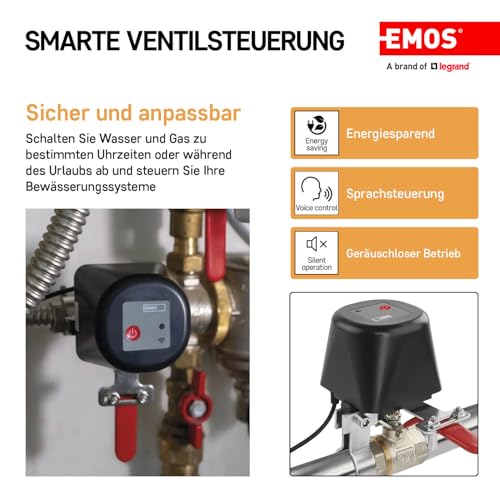 EMOS GoSmart - Smart Home motorisierter Ventilschließer für Wasser/Gas mit App - Zigbee - Auto-/Manuellsteuerung, Timer, leiser Betrieb - 12V Stromversorgung - Google Home, Alexa kompatibel - schwarz