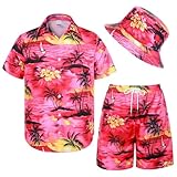 Angenster Men's Hawaiian Shirt and Shorts Set,2Pcs Summer Beach Outfits with Bucket Hats (UK, Alpha, 3XL, Regular, Regular, Red Sunset) - Image 1