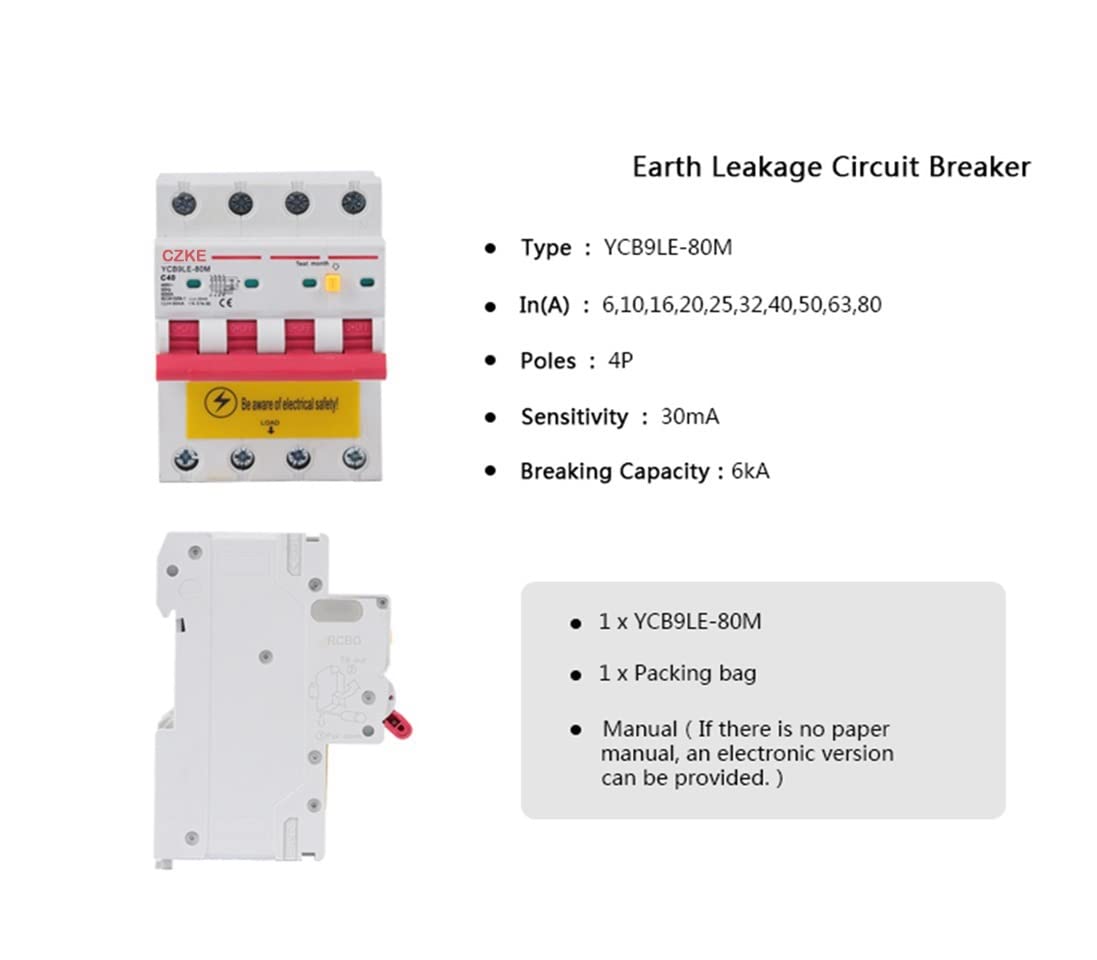 YCB9LE-80M 4P Residual Current Circuit Breaker with Over Current and Leakage Protection 230V RCBO MCB 30mA 6-80A(63A)