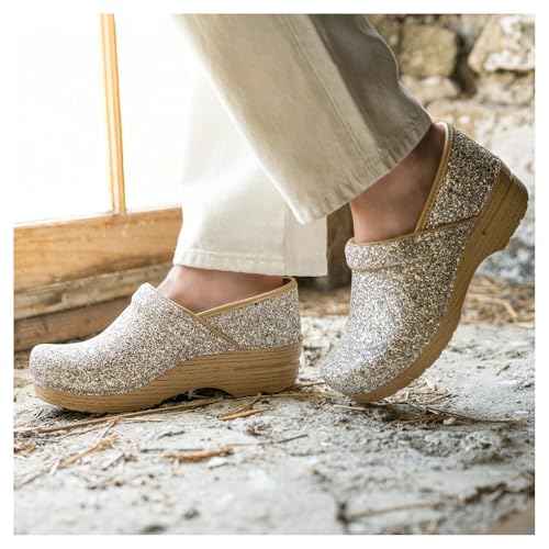 Image of Dansko Professional Glitter Slip-On Clogs for Women - Rocker Sole and Arch Support for Comfort - Shiny and Stylish Glitter Uppers